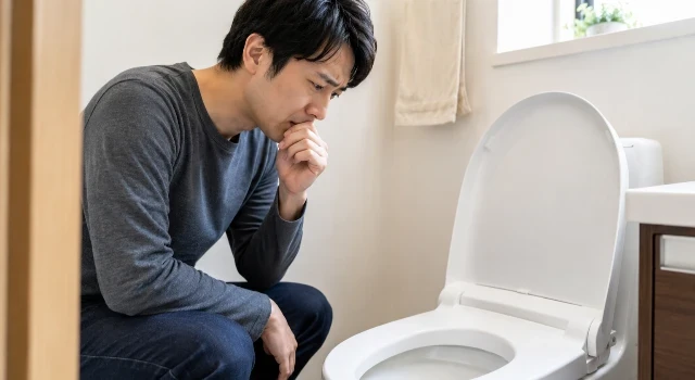便器の中の黒い便をみて不安な気持ちになっている男性