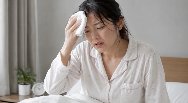 目が覚めて汗を拭いている女性